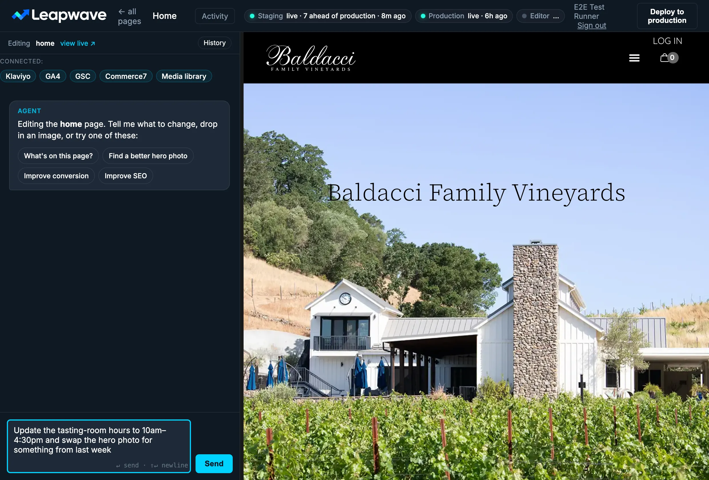 The Leapwave Alive editor: a chat panel with the instruction 'Update the tasting-room hours and swap the hero photo' beside a live preview of Baldacci Family Vineyards' homepage, with commerce, email, and analytics connected