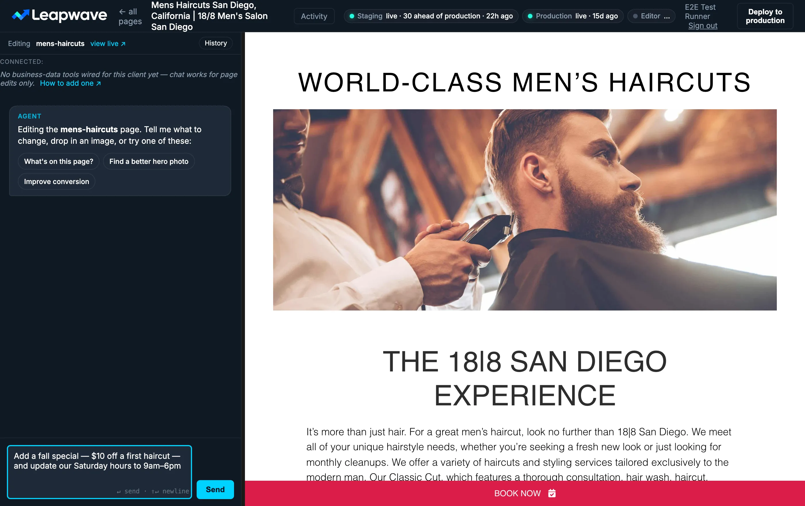 The Leapwave Alive editor: a chat panel with the instruction 'Add a fall special and update our Saturday hours' beside a live preview of a men's salon services page